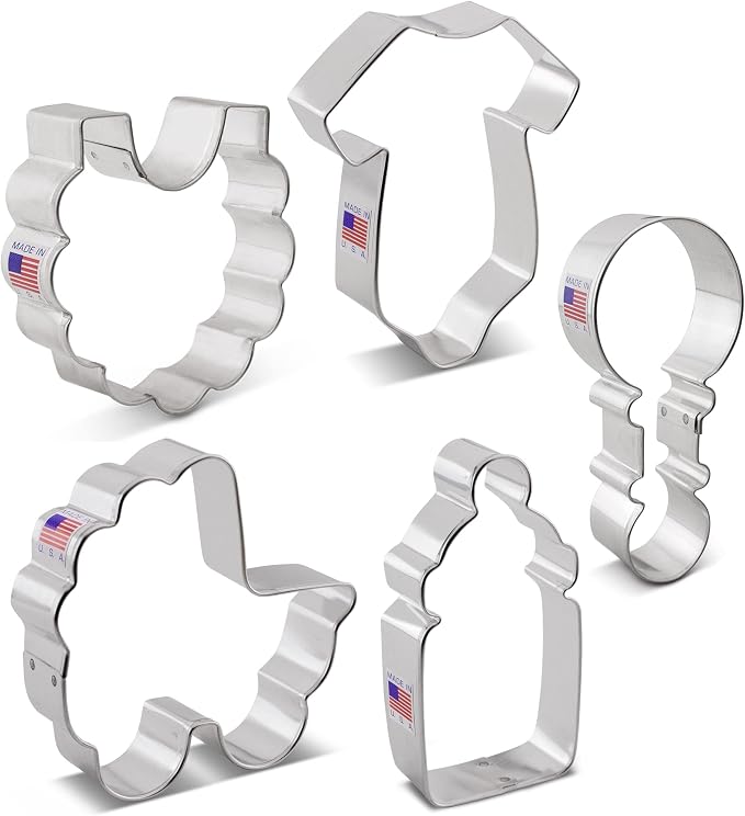 Ann Clark 5-Pc. Baby Shower Cookie Cutter Set, Made in USA, Baby Bottle, Rattle, Onesie, Carriage and Bib