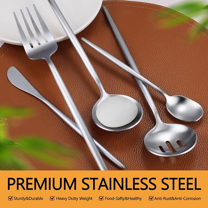 Large Serving Utensils Set,5 Pcs Stainless Steel Silver Serving Utensils with 10.8 Inch Serving Fork,10.3 Inch Serving Spoon,Slotted Serving Spoons,Sugar Spoons,Butter Knife for Party Buffet Banquet