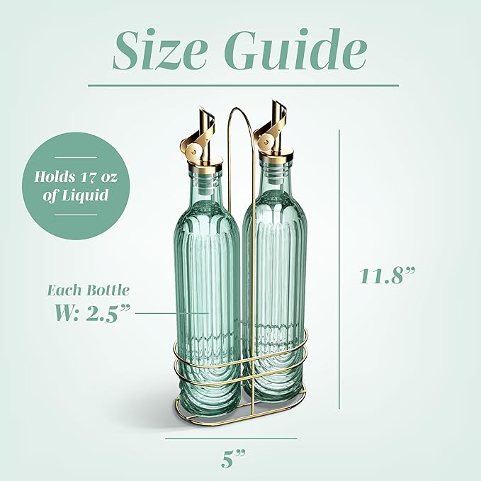 COOK WITH COLOR Glass Olive Oil Bottle Dispenser - 2 Pack- 17oz Oil and Vinegar Cruet - Olive Oil Carafe Decanter for Kitchen, Elegant Fluted, Green