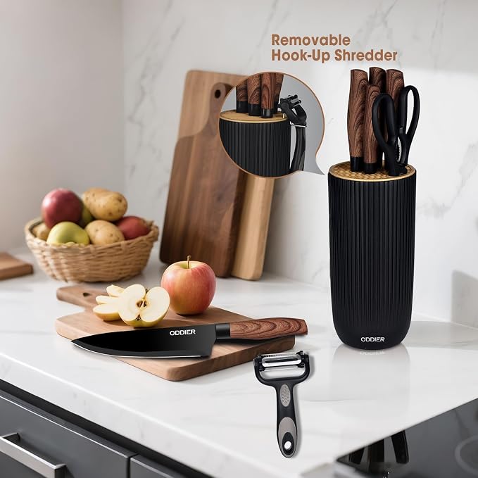 Knife Set, 8 Piece Kitchen Knife Set, Stainless Steel Knives Set for Kitchen, Universal Knife Block Set, Kitchen Kinfe Essentials, New Home Apartment Essentials, Dishwasher Safe (Black Wood-Grain)