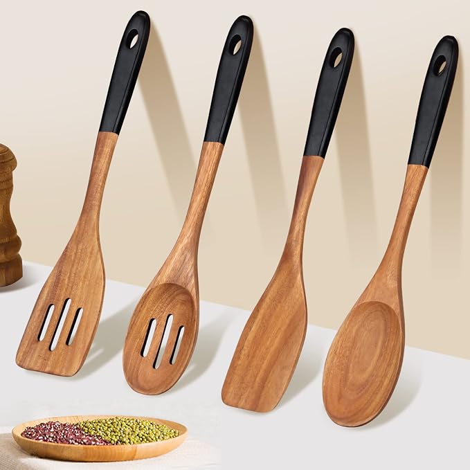 14 Inch Large Wooden Spoons for Cooking Utensils Set Acacia Wood Spatula Slotted Spoon Best Non Toxic Kitchen Utensil Long Mixing Spoon Spatulas Turner Stirring Serving Spoons Kitchen Use Tools
