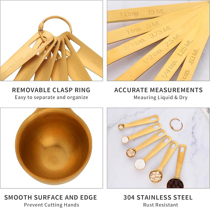 DOCBLACK Measuring Spoons, Heavy Duty 18/8 Stainless Steel Measuring Spoons Cups Set, Set of 6 for Gift Measuring Dry and Liquid Ingredients - Gold