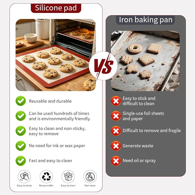 Silicone Baking Mat Set, Non-Stick Food Grade, Reusable 5PCS | Reusable baking mat set replaces parchment paper, helping reduce waste while making cleanup quick and easy.