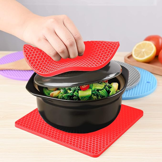 Silicone Trivet Pot Mat, Silicone Pot Holders for Hot Pan and Pot Pads. Heat Resistant Counter Mats for Tables Placemats,Countertops, Spoon Rest and Large Coasters (4Pack Red)