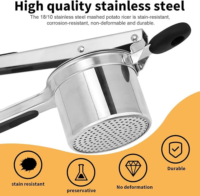 Large 15oz Potato Ricer with 3 Interchangeable Discs, Heavy Duty Stainless Steel Ricers for Mashed Potatoes, Sweet Potato Masher Kitchen Tool with Ergonomic Handle, Spaetzle Maker