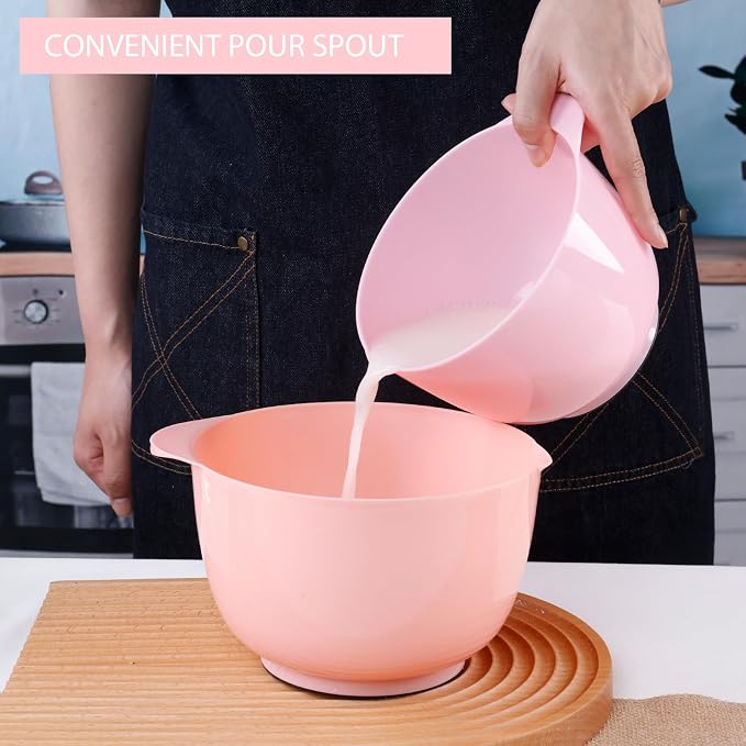 BoxedHome Mixing Bowls Set of 4, BPA Free Plastic,Microwave Safe, Rose Red | 4.5/3.5/2.5/1.7 quarts,Non-slip Base Large Nesting Bowl with Pour Spout, Dishwasher Safe, for Prep, Cooking,Baking