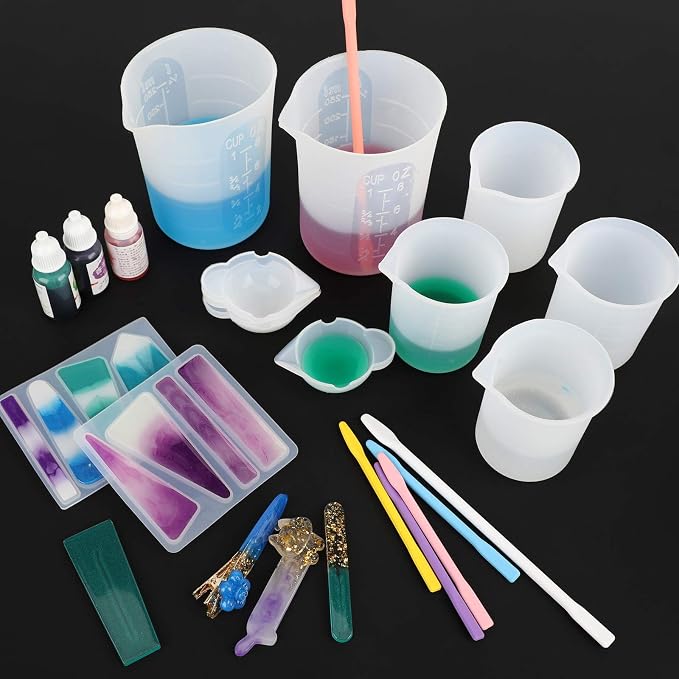 Gartful 16PCS Silicone Measuring Cups Set, Resin Casting DIY Tool Kit, 2PCS 250ml Large Pouring Cups, 4PCS 100ml Reusable Measurements Cups, 4pcs Mixing Cups, 2PCS Large and 4 Smaller Stir Sticks