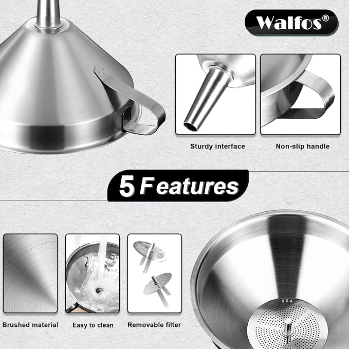 Stainless Steel Funnel, Walfos 4 Pack(4in、3 in、2.2 in、1.7in Kitchen Funnel with 2 Removable Strainer ＆ 1Pcs Cleaning Brush, Perfect for Transferring of Liquid, Oils, Jam, Dry Ingredients & Powder