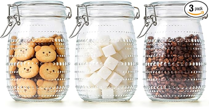 ComSaf Round Glass Jars with Airtight Lids 34 oz 3 Pack Wide Mouth Hobnail | Sugar snacks, Coffee bar Decor, Tea station, Kitchen counter display, Clear body, Kitchen storage, Pantry organization