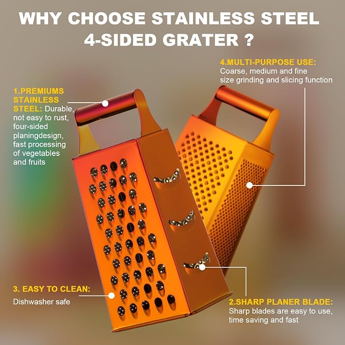 Handheld Cheese Grater Box for Kitchen, Stainless Steel 4 Sided Cheese Grater with Handle for Grinding Shredding & Slicing, Dishwasher Safe (Sunset Red)