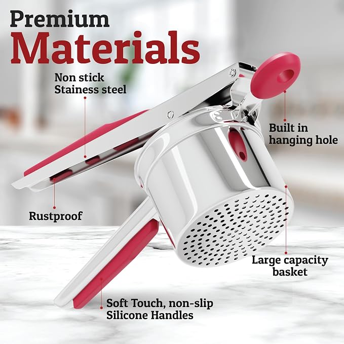 PriorityChef Large 15oz Potato Ricer, Heavy Duty Stainless Steel Potato Masher and Ricer Kitchen Tool, Press and Mash Kitchen Gadget For Perfect Mashed Potatoes - Everytime, Red
