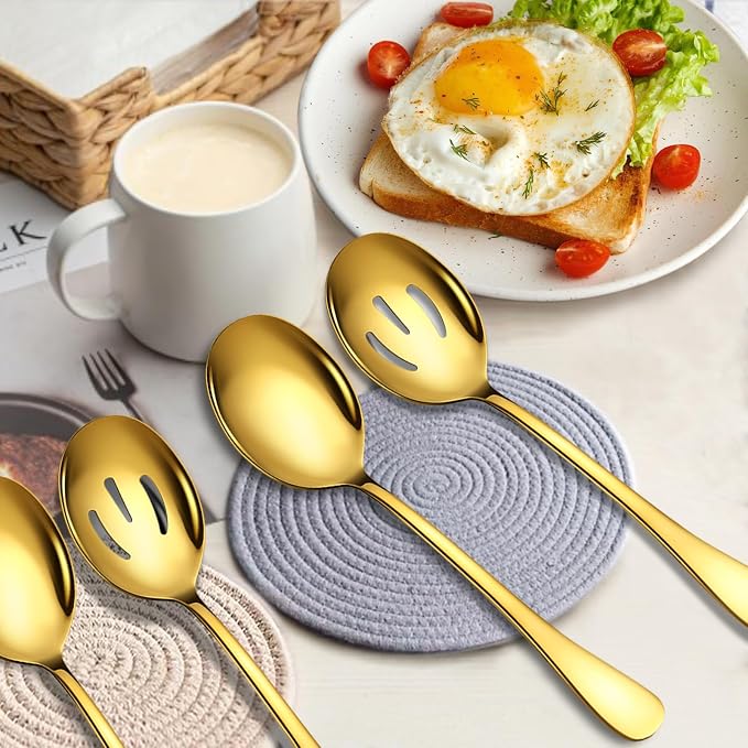 Stainless Steel Serving Spoons Set, 6pc, 10-Inch, Includes 3 Large, 3 Slotted, for Parties/Kitchen/Buffet/Catering, Dishwasher Safe, Gold