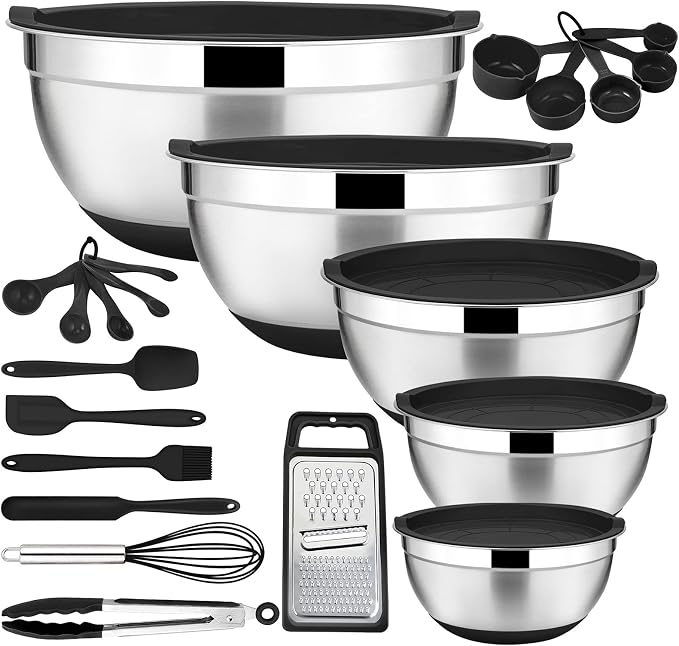 E-far 22-Piece Mixing Bowls with Black Lids & Accessories Set, Stainless Steel Nesting Bowls with Covers & Non-Slip Bottoms, Metal Bowls for Cooking/Baking/Serving/Storage - Size 7/3.5/2.5/1.5/1 QT