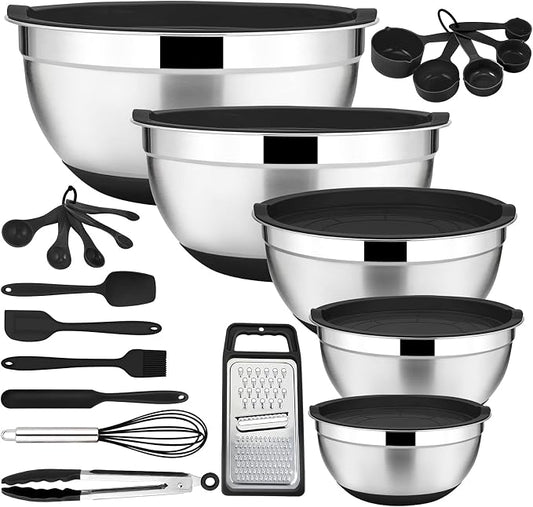 E-far 22-Piece Mixing Bowls with Black Lids & Accessories Set, Stainless Steel Nesting Bowls with Covers & Non-Slip Bottoms, Metal Bowls for Cooking/Baking/Serving/Storage - Size 7/3.5/2.5/1.5/1 QT