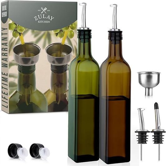 (2 pack 17oz Olive Oil Dispenser Bottle For Kitchen - With 2 Spouts, 2 Removable Corks, 2 Caps, & 1 Funnel - Oil Bottle For Kitchen & Storing Liquids