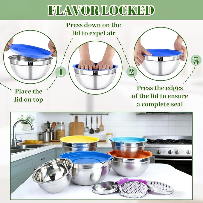 8PCS Mixing Bowls with Lids Set - 5 Nesting Mixing Bowls, 3 Grater Attachments, Lids, Stainless Steel Mixing Bowls for Mixing & Serving, Size 1.5/2.1/3.5/4/4.5 QT, Colorful
