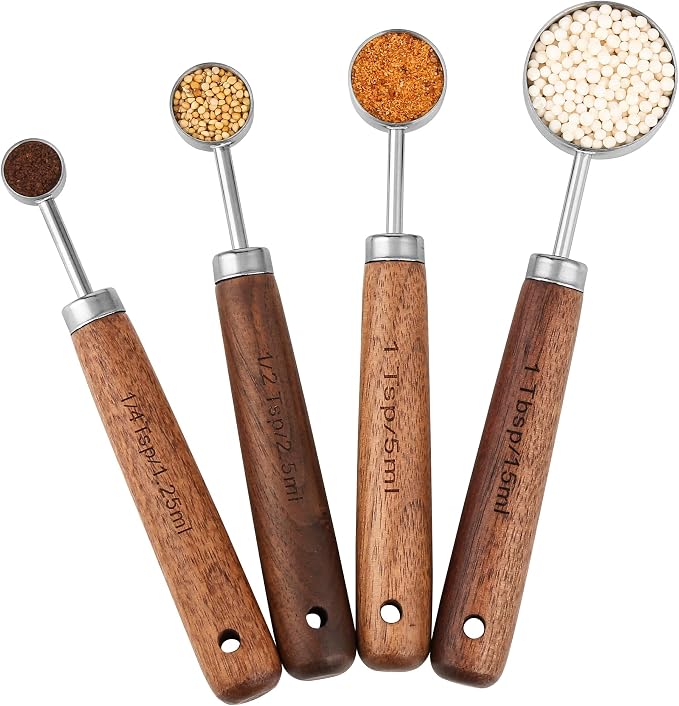 Measuring Cups and Spoons Set 8, 18/8 Stainless Steel Measuring Cups and Spoons Set for Baking and Kitchen, Metric & US Metal Measure Cup & Spoon with Wood Handle for Dry & Liquid