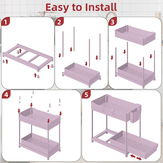 4-Pack 2-Tier Under Sink Organizer with Pull Out Drawers | Multi-use kitchen & bathroom storage. Includes hanging hooks and cups. Pink, space-saving cabinet design. 12.8 Inch