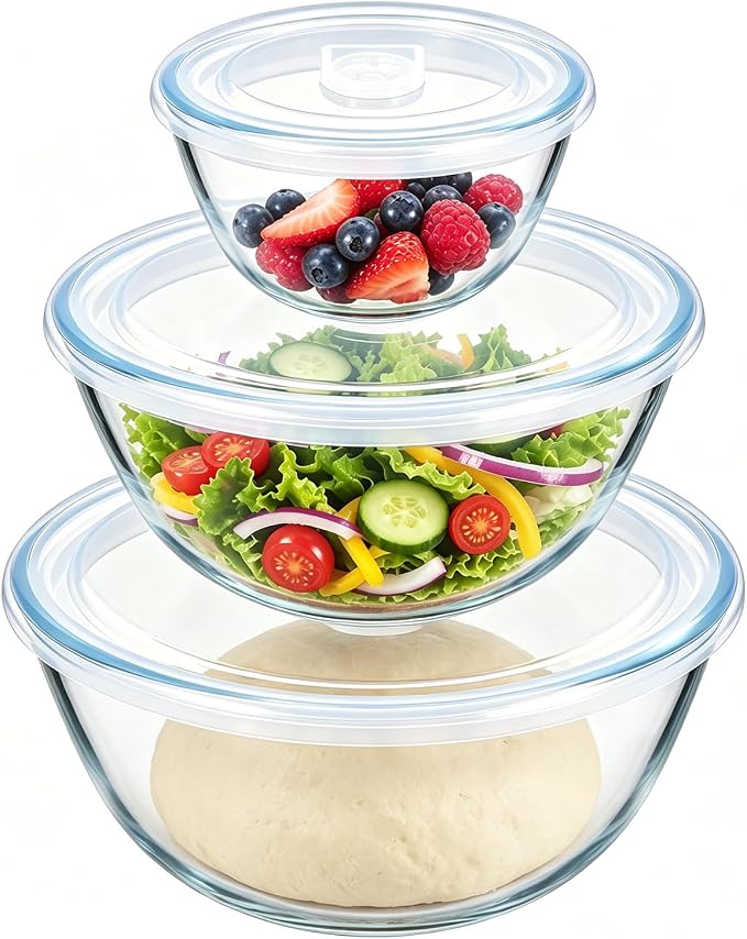 E-far Glass Mixing Bowls with Airtight Lids Set for Cooking Prep Serving | Thick Glass Salad Bowls, Large Clear Nesting Bowls for Storage Sourdough Proofing, Dishwasher Safe, 4.8,2.9,0.8 Qt, 3 Pack