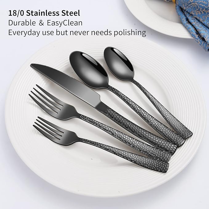 Remoxye 40-Piece Silverware Set, Black Hammered Stainless Steel Flatware Sets for 8, Food-Grade Tableware Set, Including Fork Knife Spoon Set, Durable Home Kitchen Cutlery Sets, Dishwasher Safe