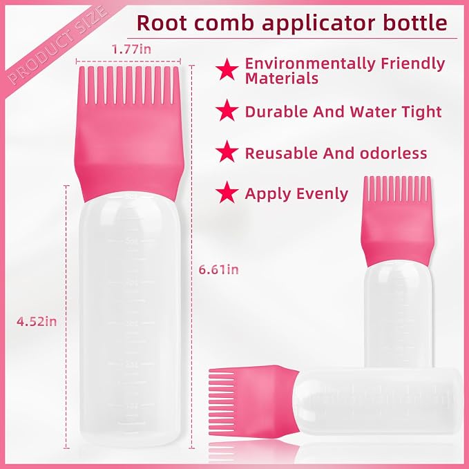 2 Pack Root Comb Applicator Bottle Tools 6 Ounce, Hair Oil Applicator Bottle with Hair Oil Dispenser Root Comb Brush for Scalp Oil Hair Oiling Applicator -Dark Pink
