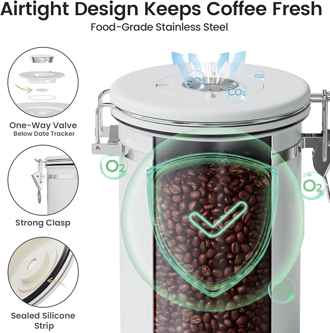 Veken Coffee Canister with Window, Airtight Stainless Steel Container, 22OZ | Kitchen Food Storage Organizers for Beans, Ground, Espresso, Rice,Tea, Sugar,Cereal, Gifts,Lids,Jars,Scoop,White