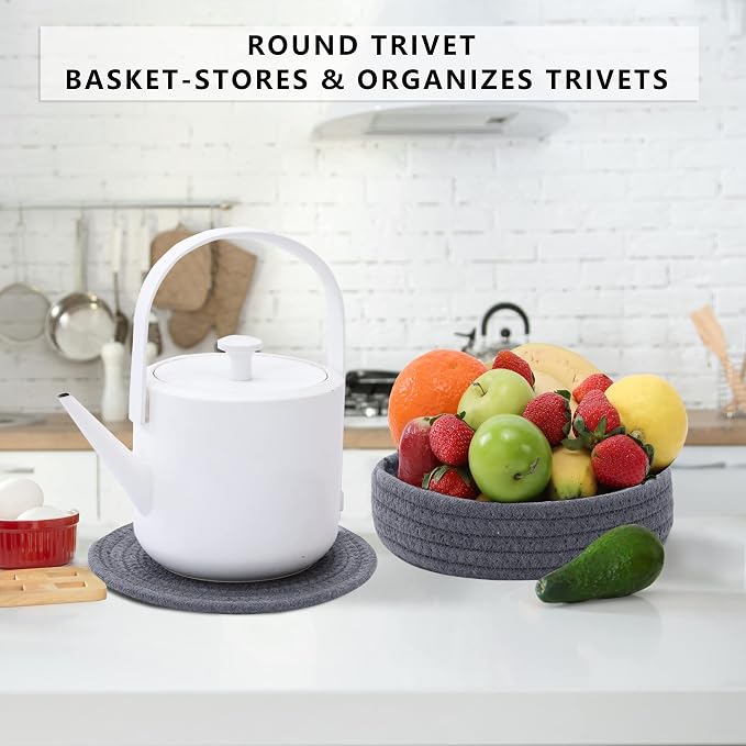 Coga Trivets for Hot Dishes, 5 Pack 7 Inch Cotton Hot Pads for Kitchen with Storage Basket, Round Pot Holders for Kitchen, Heat Resistant Mats for Countertop, Pots and Pans, Farmhouse Decor, Grey