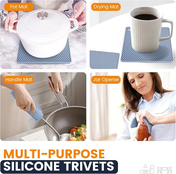 Silicone Trivet Mats 4 Heat Resistant Pot Holders Multipurpose Non-Slip Hot Pads for Kitchen Potholders, Drying mat, Jar Opener, Spoon Holder, Coaster.(Light Blue)
