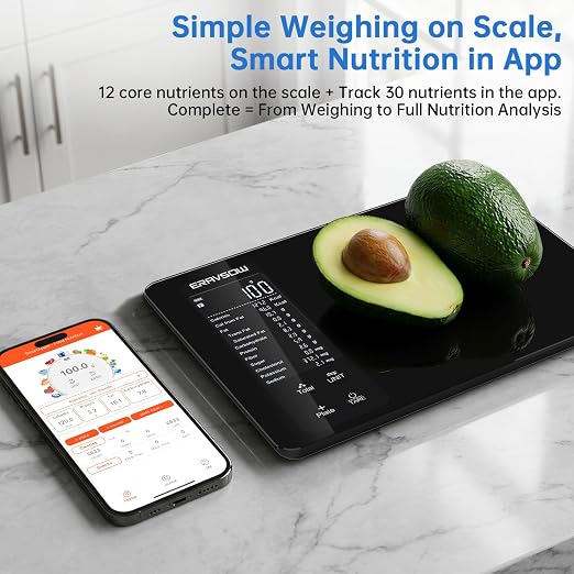 Smart Kitchen Food Scale, Nutrition App Tracks Calorie & Macros, 10kg/22lb | Powered by USDA Database; 30+ Nutrients in App; 12 Stats On-Screen; Visual Progress Charts; Dedicated Coffee Mode