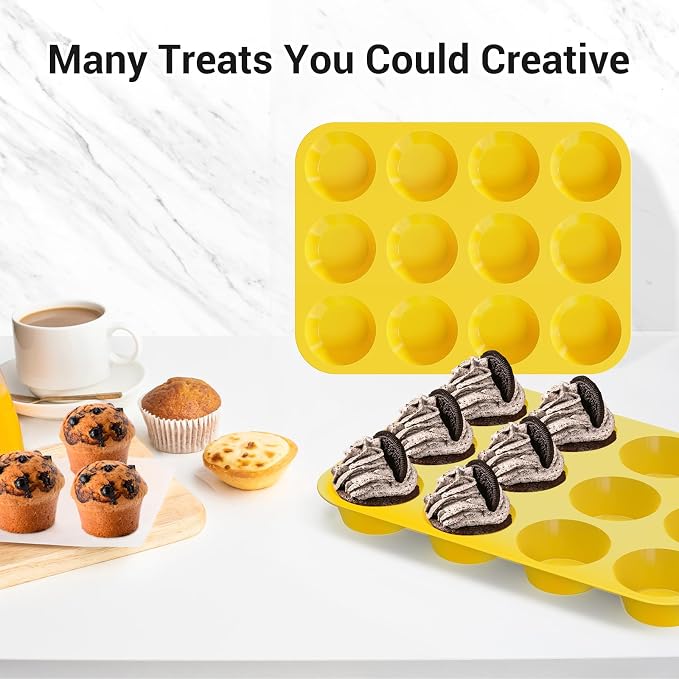 Redfly 2 Pack Silicone Muffin Pans for Baking & Cupcake Pan - 12 Cup Regular Size Silicone Molds, BPA Free Egg Bites Mold,Yellow