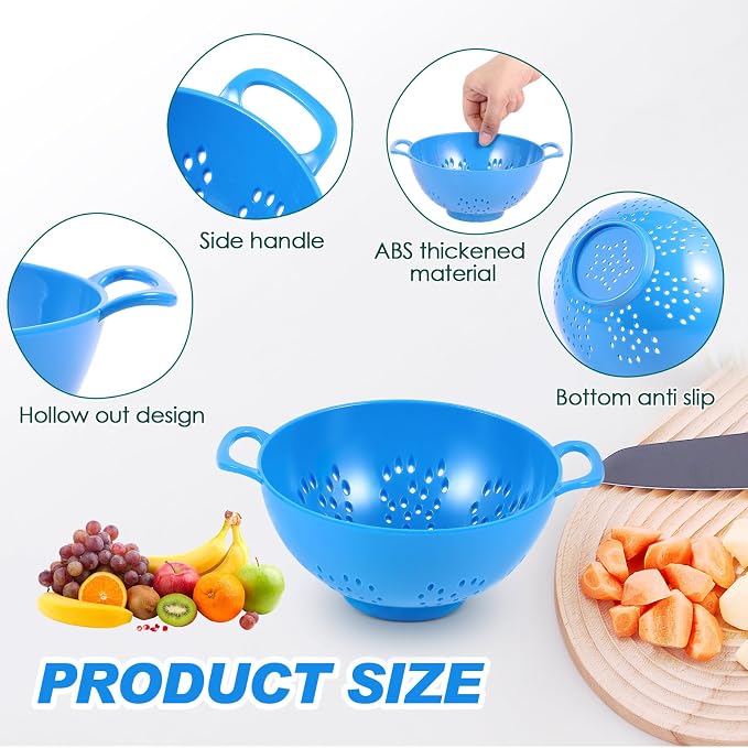 Baderke 4 Pack Mini Colander for Kitchen Plastic Berry Strainer with Double Handles 7.5 x 6 x 3 Inch Small Colander Strainer for Fruits Vegetables Food (Green,Red,Blue,Lemon Yellow)