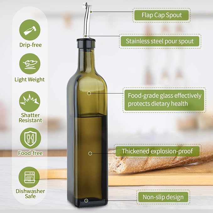 2-Pack Olive Oil Dispenser Bottle Set - 17oz/500ml Dark Green Glass Oil and Vinegar Bottles for Kitchen, Includes 2 Stainless Steel Pourers, Funnel, Brush & 4 Chalkboard Labels