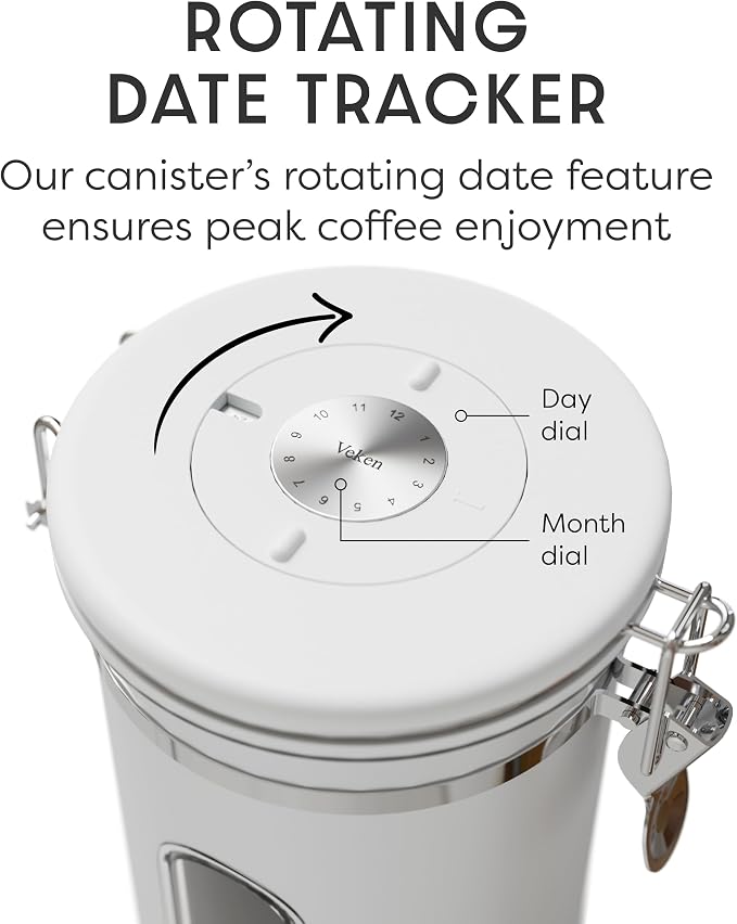 Veken Coffee Canister with Window, Airtight Stainless Steel Container, 22OZ | Kitchen Food Storage Organizers for Beans, Ground, Espresso, Rice,Tea, Sugar,Cereal, Gifts,Lids,Jars,Scoop,White