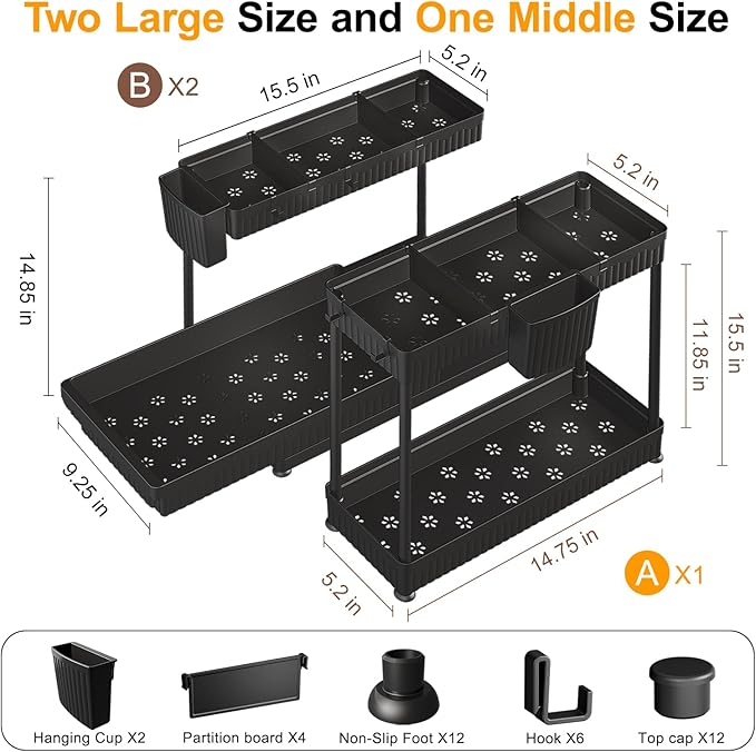 3-Pack 2-Tier L-Shaped Under Sink Organizers with Sliding Drawers | Multi-use kitchen & bathroom storage, 14.85 inch black cabinet organizer, space-saving sliding drawer design.