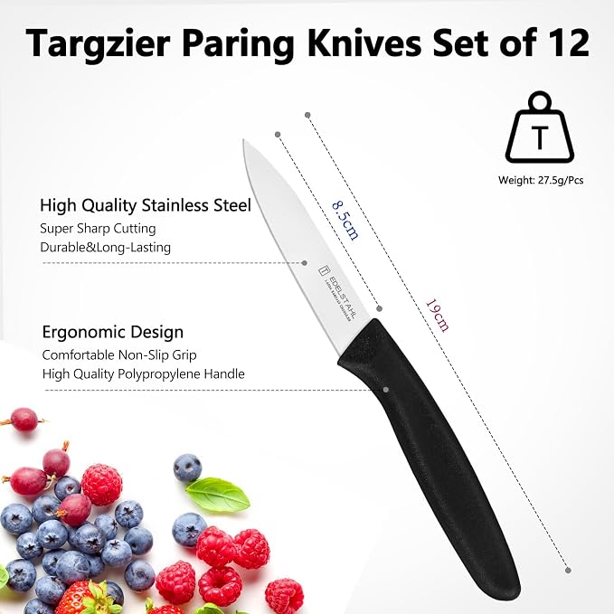 Paring and Garnishing Knife Set of 12,Premium Paring Knives,Stainless Steel Vegetable&Fruit Knife,PP Plastic Handle Cutting Knifes,Sharp Small Knife Set,Black,Spear Point