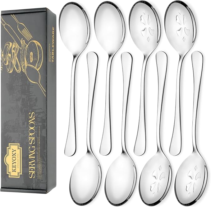 8 Piece Stainless Steel Serving Spoon Set - 4 Large, 4 Slotted,Dishwasher Safe,10-Inch, for Parties/Kitchen/Buffet/Catering