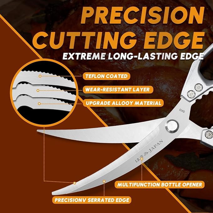 HUUSK Kitchen Scissors and Cooking Tong Set - Silver Kitchen Shears for Food with Stainless Steel BBQ Tongs, Japanese Style Dishwasher Safe Meat Scissors for All Purpose, Gifts for Men Women