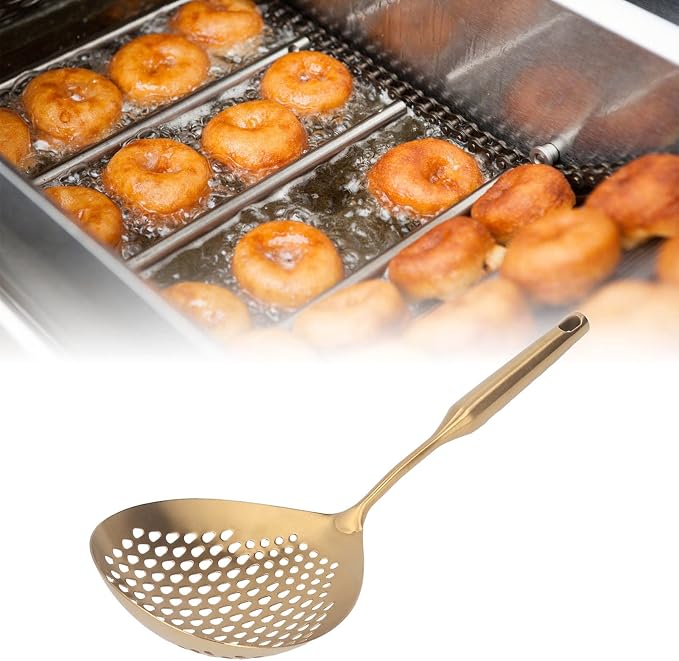 Skimmer Ladle, 304 Stainless Steel Slotted Spoon, Long Handle, Large Flow, Gold, 15.7x5.7 Inch, for Fried Food