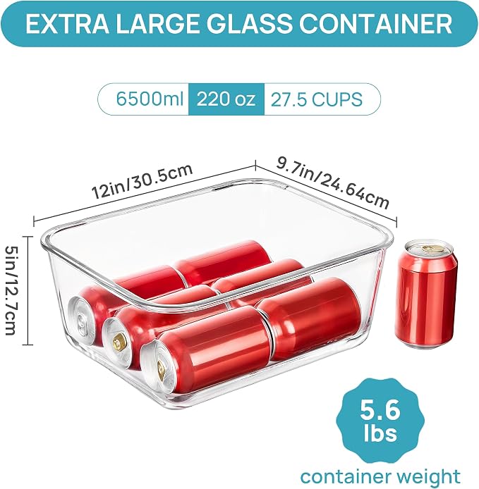 Vtopmart Extra Large Glass Food Storage Containers, 6.5L/220oz/27.5cup | Snap Airtight Lids, For Roasting Turkey, Chicken, Baking Casserole, Fruits, Party, BPA Free, Oven Safe, Freezer, Dishwasher