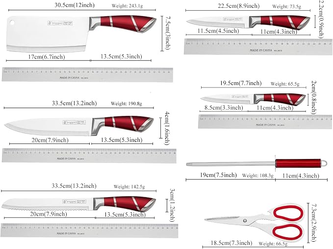 Kitchen Knife Set, 9Pcs Red Knife Set with Rotation Block, Ergonomical Handle,Non Stick Sharp Stainless Steel Chef Knife Block Set for Home Cooking Gift