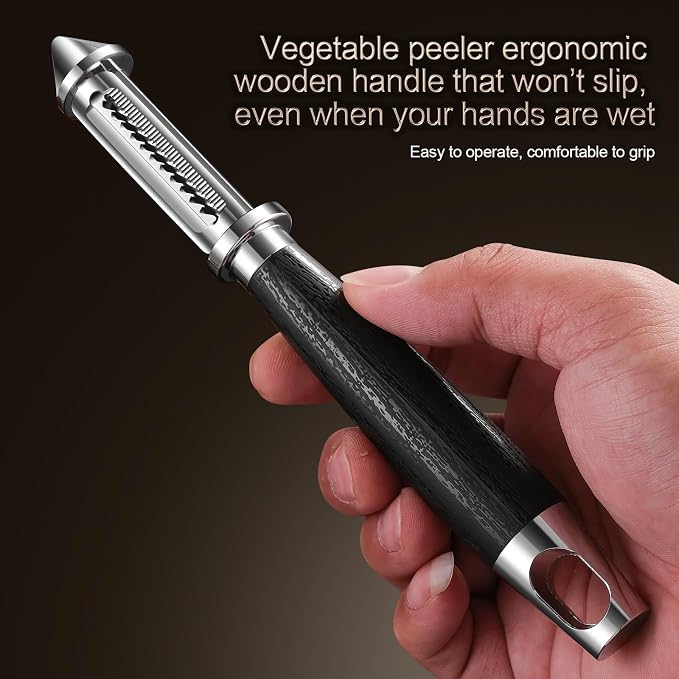 Multi-functional julienne peeler for vegetable | What worked well: Sharp blade makes quick, even cuts.Comfortable non-slip wooden handle.Easy to rinse clean after use.