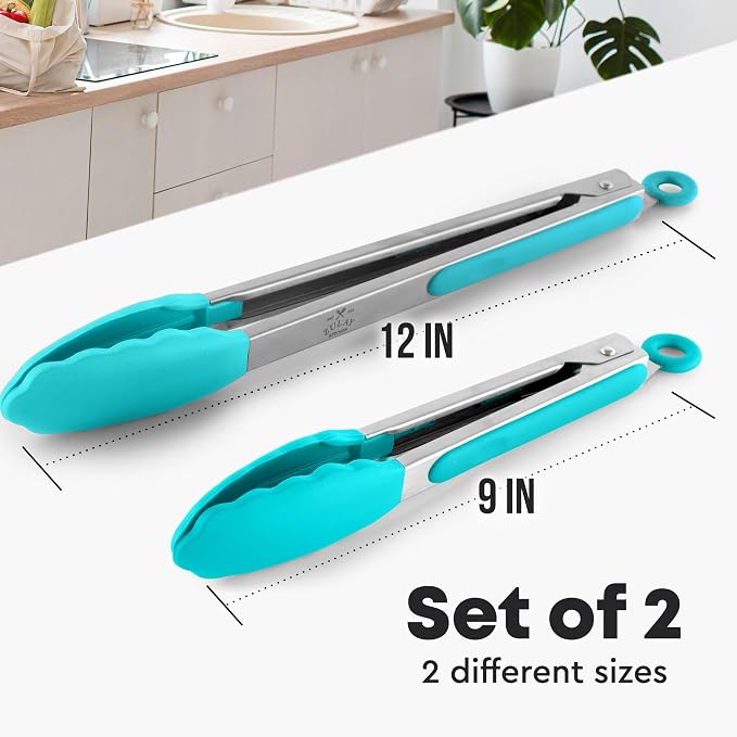Zulay Stainless Steel Kitchen Tongs with Silicone Tips - Set of 2 (9” & 12”) Locking Cooking Tongs with Non-Slip Grip - Heat Resistant, BBQ Food Tongs for Non-Stick Cooking Pans (Silver/Aqua Sky)