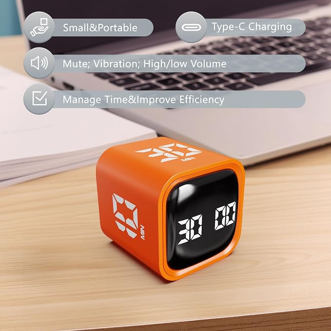 GuDoQi Multi-Function Cube Timer, 5/10/30/60 Min & Custom Count Down, Included Pause & Resume Feature, Silent, Vibrate & Adjustable Sound Alarm for Productivity in Tasks, Study & Kitchen, Orange