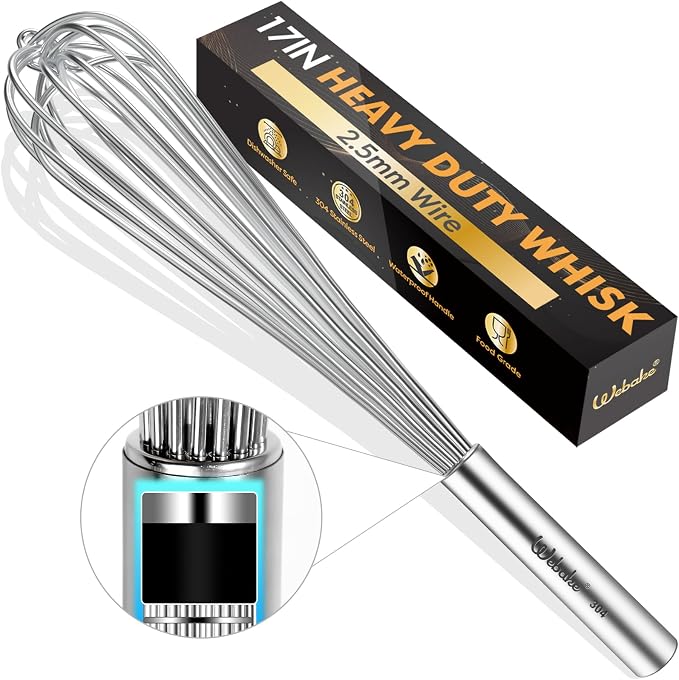 Webake Commercial Whisk Heavy Duty 17in Large Whisk, 304 Stainless Steel Whisks for Mixing, Beating, Blending, Professional Kitchen Tools