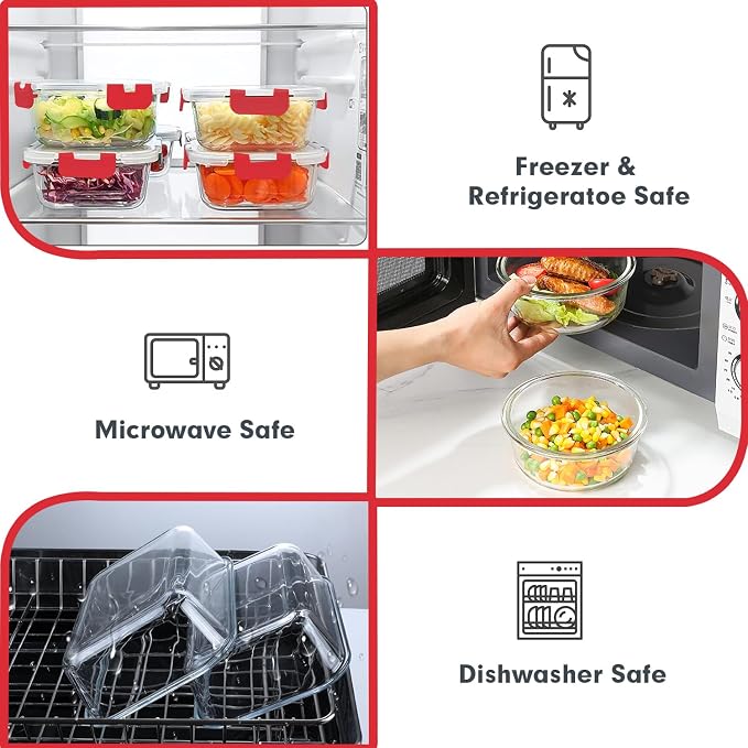VERONES 30 Pieces Glass Food Storage Containers Set with Lids, Red | Stackable Glass Meal Prep Containers Set with Lids, Airtight Lunch Containers, for Microwave, Oven, Freezer & Dishwasher