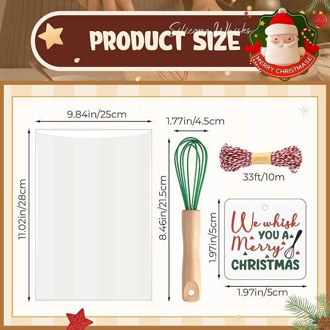 Baderke 20 Sets Baking Gifts Set Includes 8 Inch Silicone Whisk with Wood Handle Wired Stainless Steel Whisk Set Greeting Cards Plastic Bags for Party Birthday Christmas Stuffers Gift(Green)