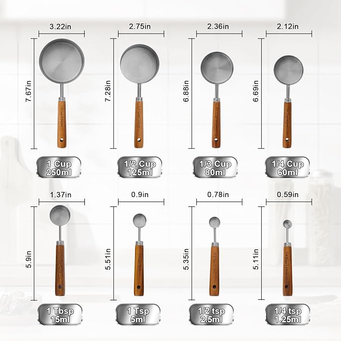 Measuring Cups and Spoons Set,Premium Stainless Steel Measuring Cups and Spoons Set with Wood Handle, 8-Pieces Kitchen Essentials for Baking, Coffee with Ergonomic Grip & Engraved Markings(Silver8)