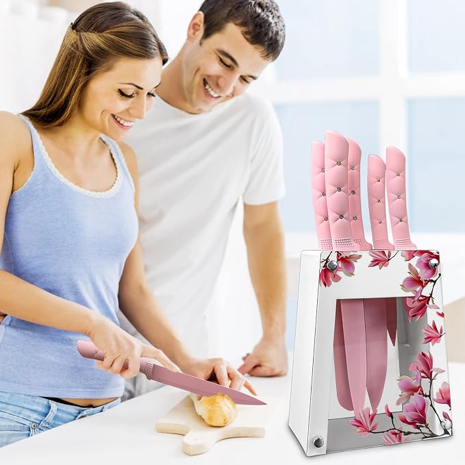 Kitchen Knife Set, Retrosohoo Pink Flower 6PC Stainless Steel Sharp Chef Cooking Non-slip Knife Set with Acrylic Stand & Block, Non-stick Colorful Coating Gift for Women Girls (Pink)