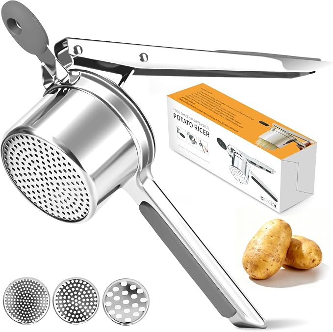 Potato Ricer for Mashed Potatoes-Stainless Steel 15oz | Large Capacity,All Clad,Heavy Duty,Ergonomic Handle for Spaetzle,Oranges, Lemons, Pumpkins, Carrots, Avocados(GRAY)