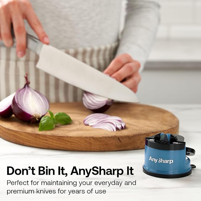AnySharp – Global – Hands Free Knife Sharpener - Easy to Use Sharpening Tool with PowerGrip Suction Base and 20-Degree Pre-Set Angle - for All Knives: Chef's, Serrated, and Hardened Steel - Blue